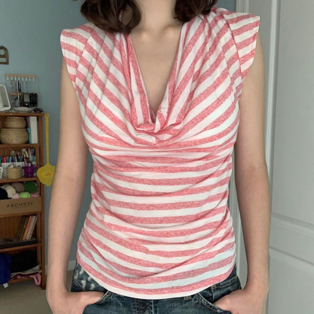 pink/red and white striped early 2000s nostalgic cowl neck top w/ open back tie